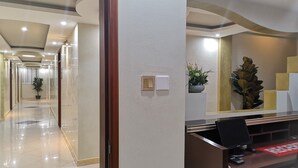 Zona de recepción de un hotel con diseño moderno, que incluye un mostrador de recepción, una planta en maceta y un elemento decorativo en la pared.