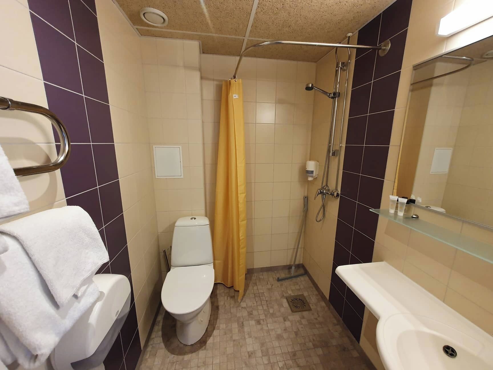 Une petite salle de bain avec des toilettes, une douche et un lavabo.