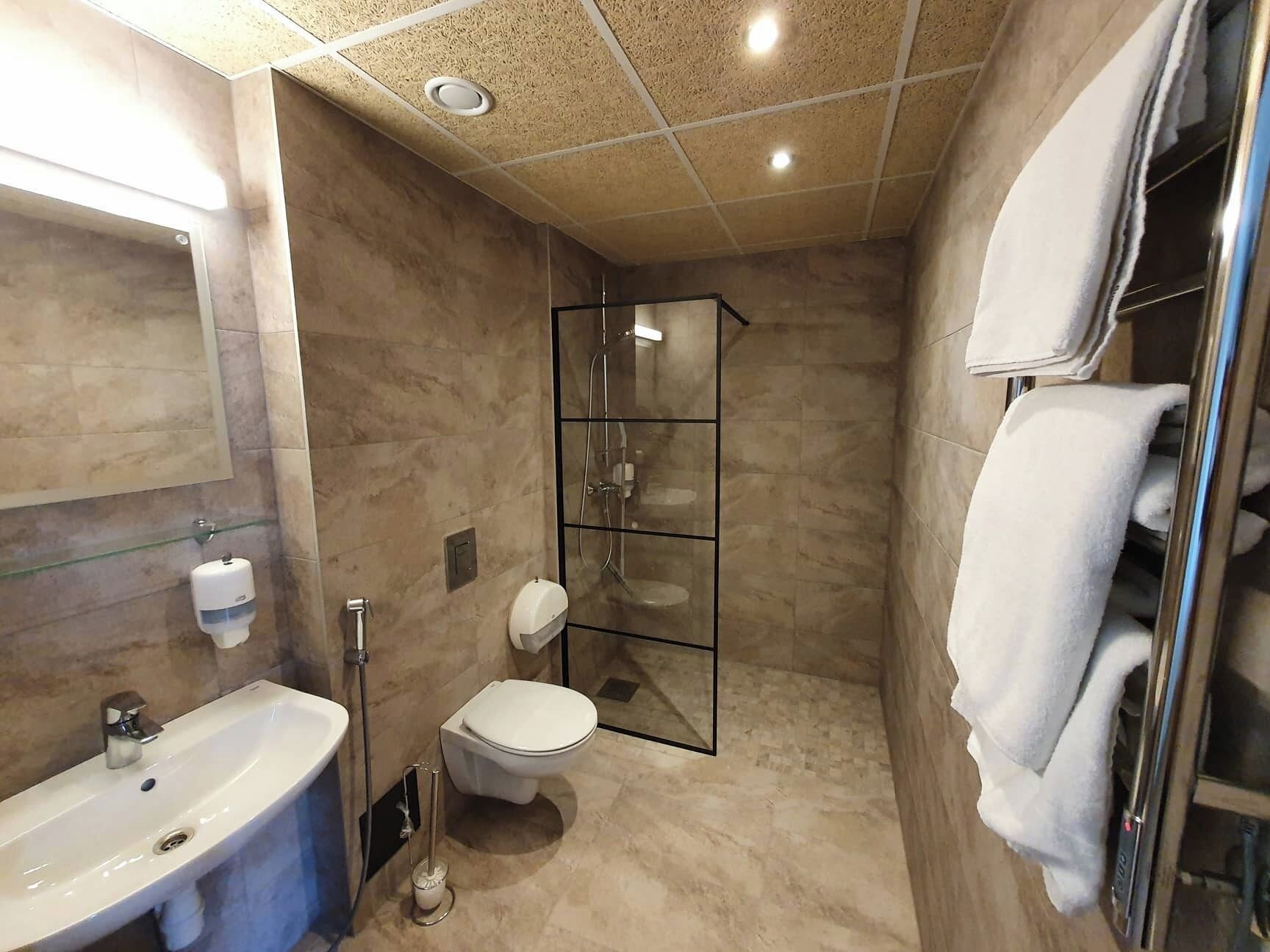 A modern bathroom with a glass-enclosed shower, a white sink, and a toilet.