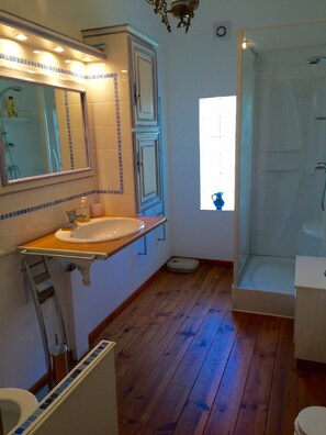 Shower, hair dryer, toilet paper