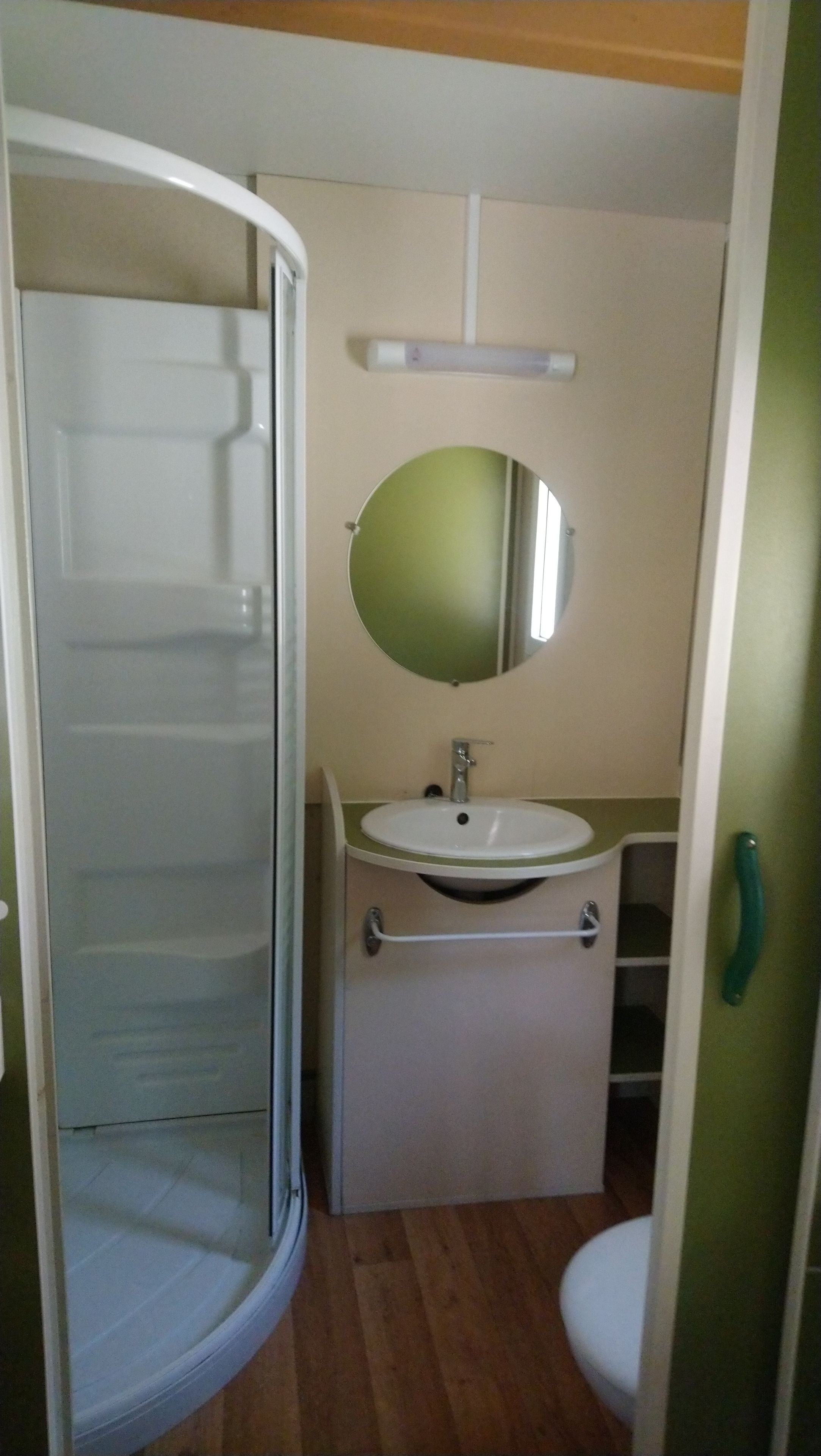 A bathroom with a shower, sink, and mirror.