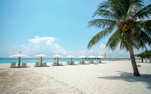 A beach with white umbrellas and lounge chairs, palm trees, and a clear blue sky. - Santa Fe Beach Club (Santa Fe)