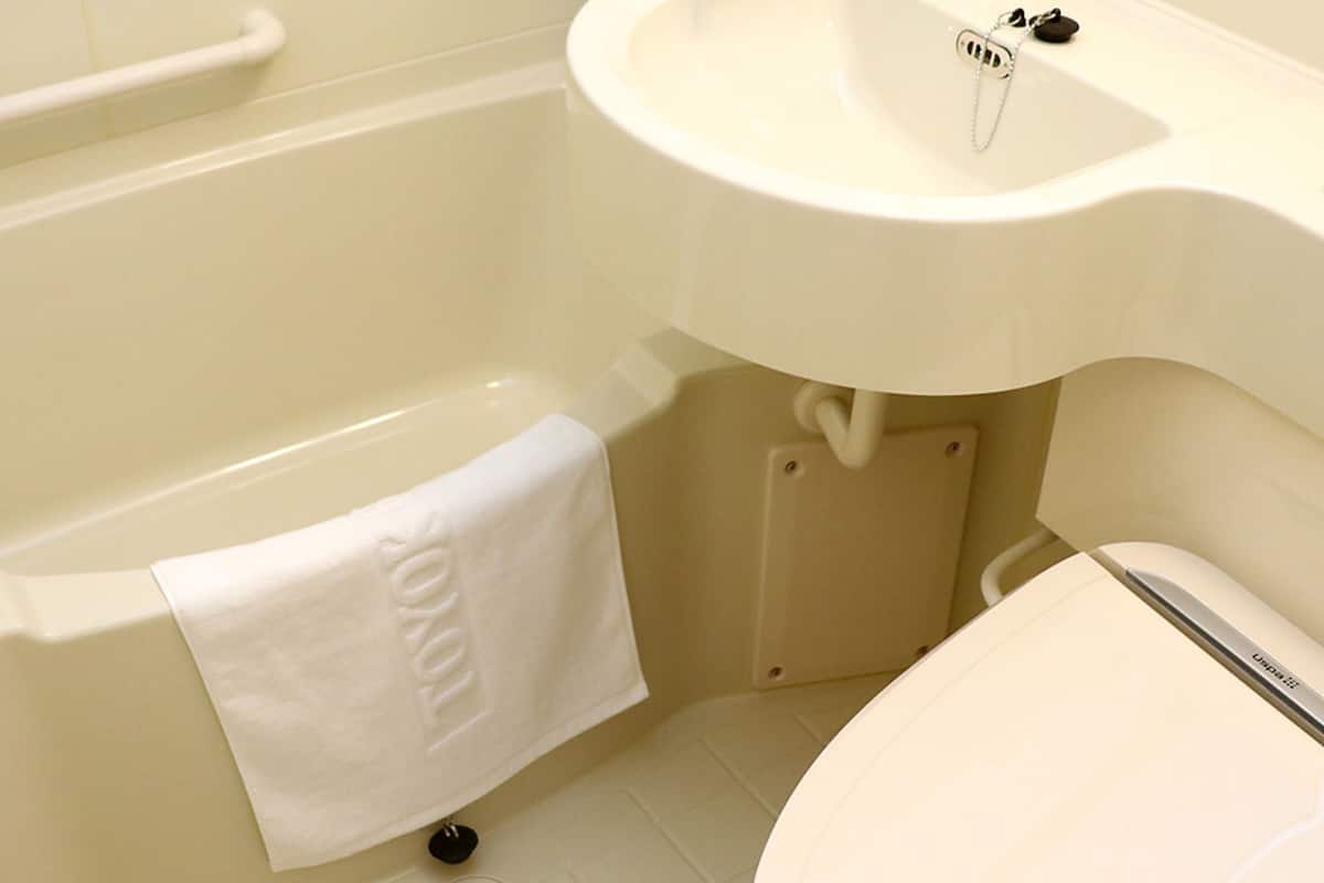 combined shower/bathtub, free toiletries, hair dryer, slippers