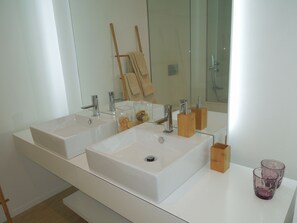Hair dryer, towels, soap