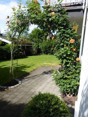 Blick durch den Rosenbogen auf Rasen und Carport