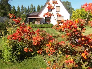 Una casa con un césped cuidado y un jardín con flores rojas en primer plano.