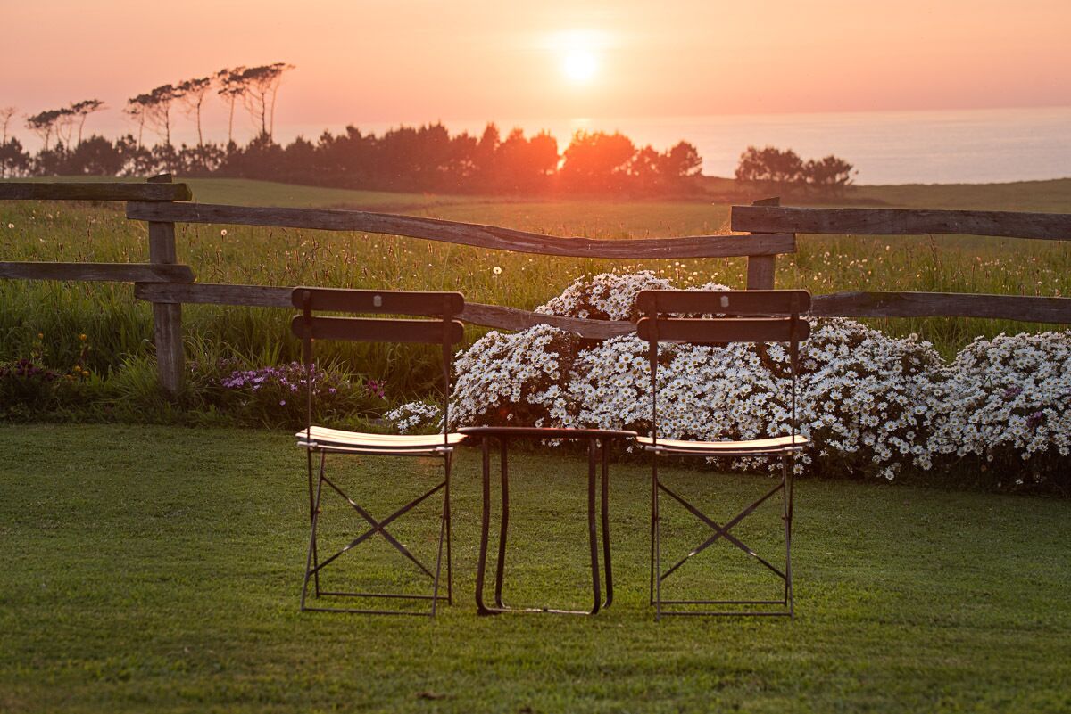 A wooden bench with a metal frame, positioned in a grassy area with a backdrop of a sunset over a body of water, and a fence in the foreground.