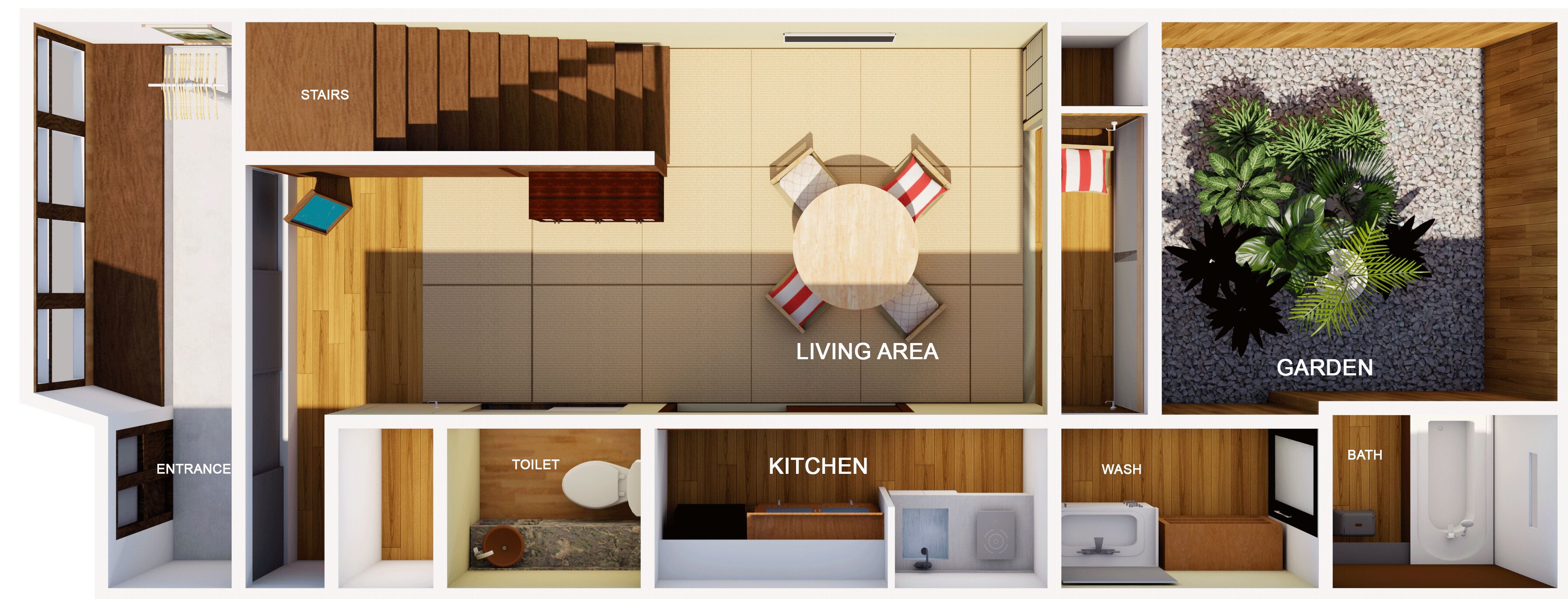 Un plan d’étage d’un appartement moderne comprenant un espace de vie, une cuisine, une salle de bain et un jardin.