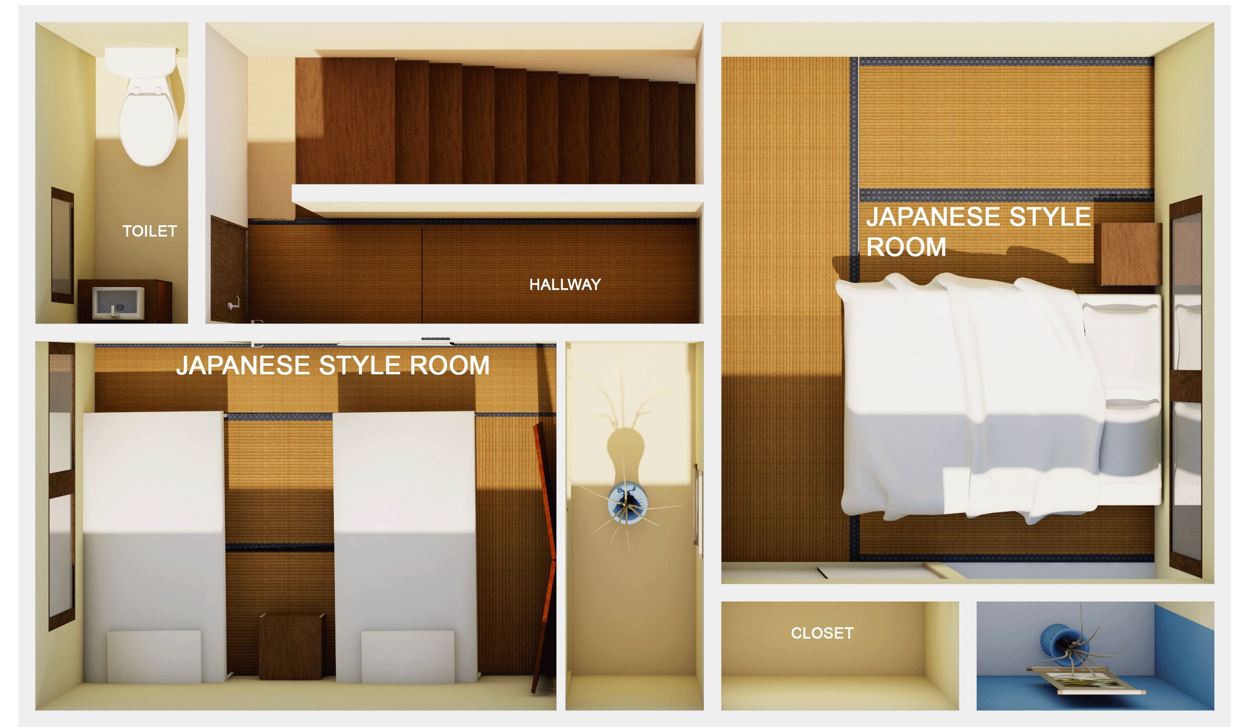 A Japanese-style room with a toilet, hallway, and closet.