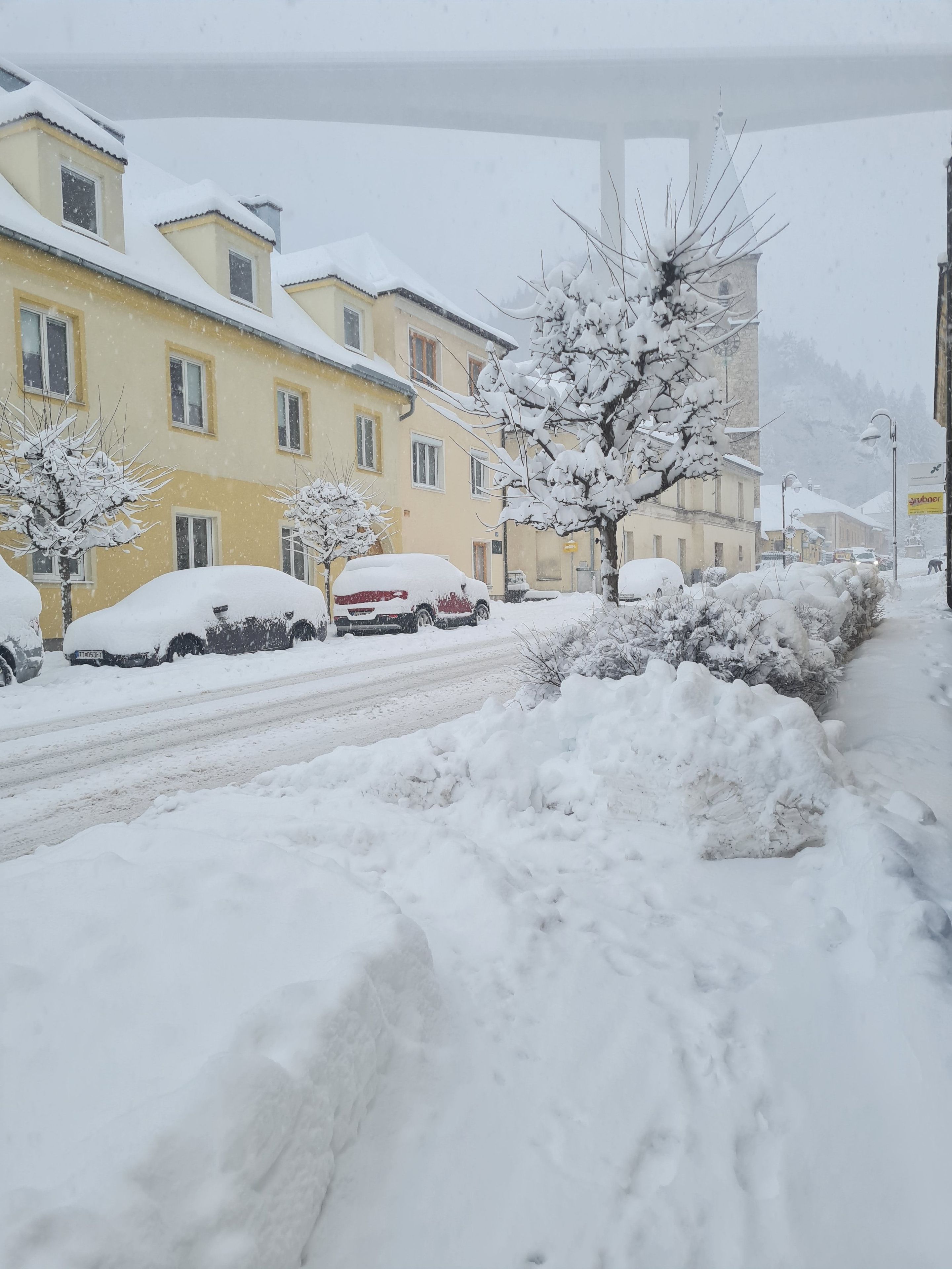 En snötäckt gata med parkerade bilar och byggnader.