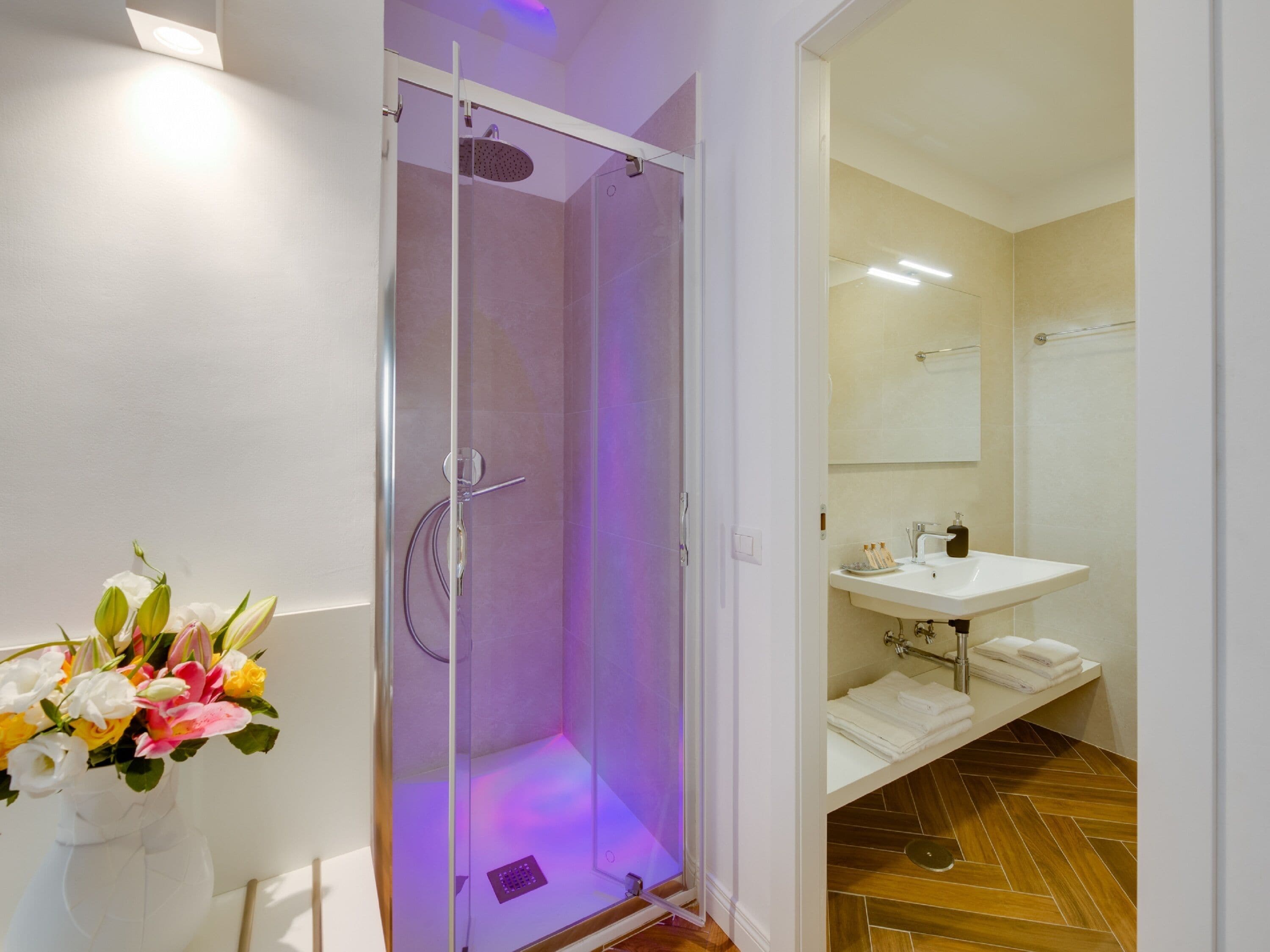 Shower, free toiletries, hair dryer, bathrobes