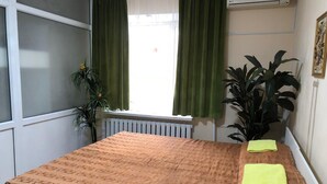 A small, neatly arranged bedroom with a single bed, a radiator, a window with curtains, and a potted plant. - Elite Hostel (Astana)