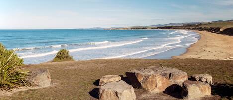 On the beach, sun loungers