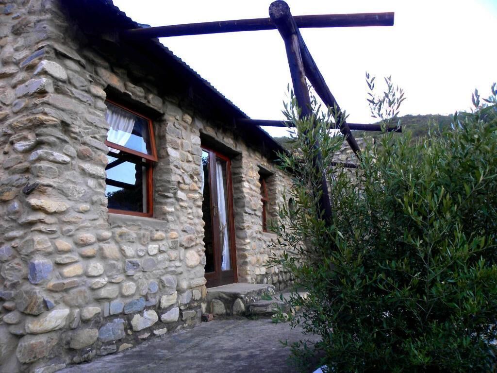 A stone building with a wooden beam structure, a window with a curtain, and a bush in the foreground.