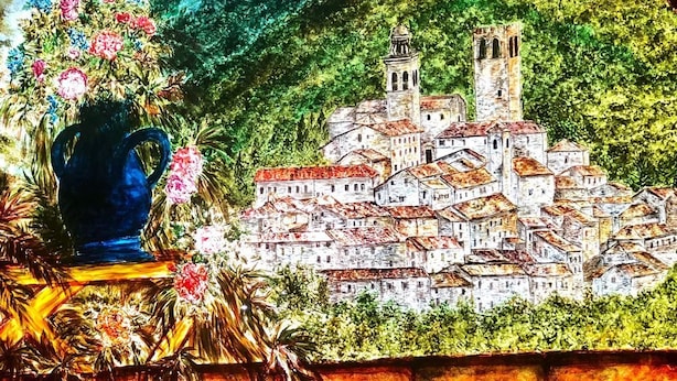 A bar with a mural of a town and a blue pitcher on the counter. - Hotel Europa (Nocera Umbra)