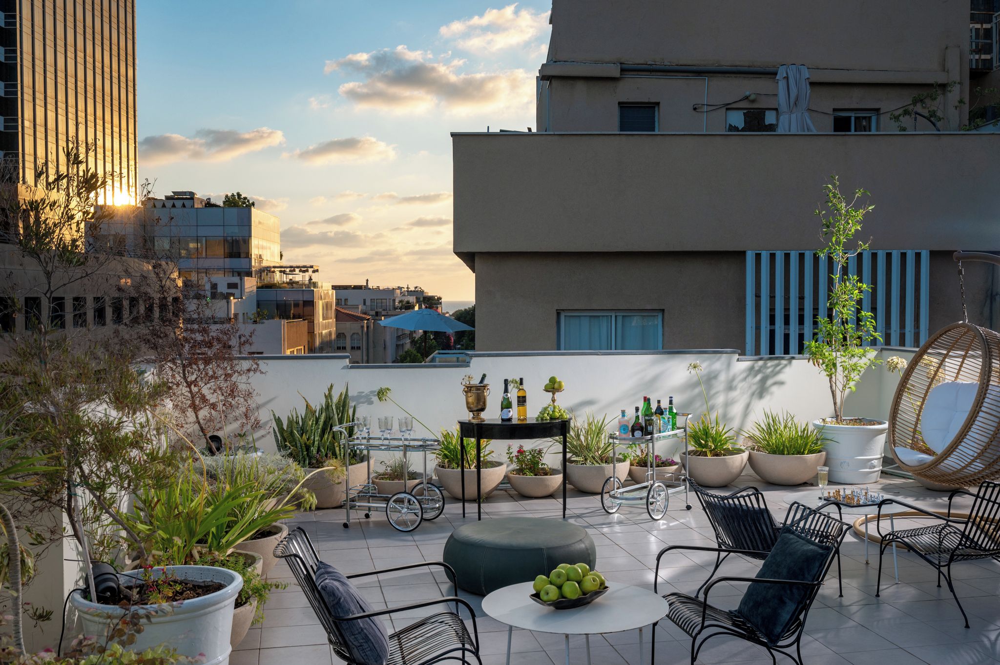Terraza en la azotea con asientos al aire libre, plantas en macetas y una botella de vino.