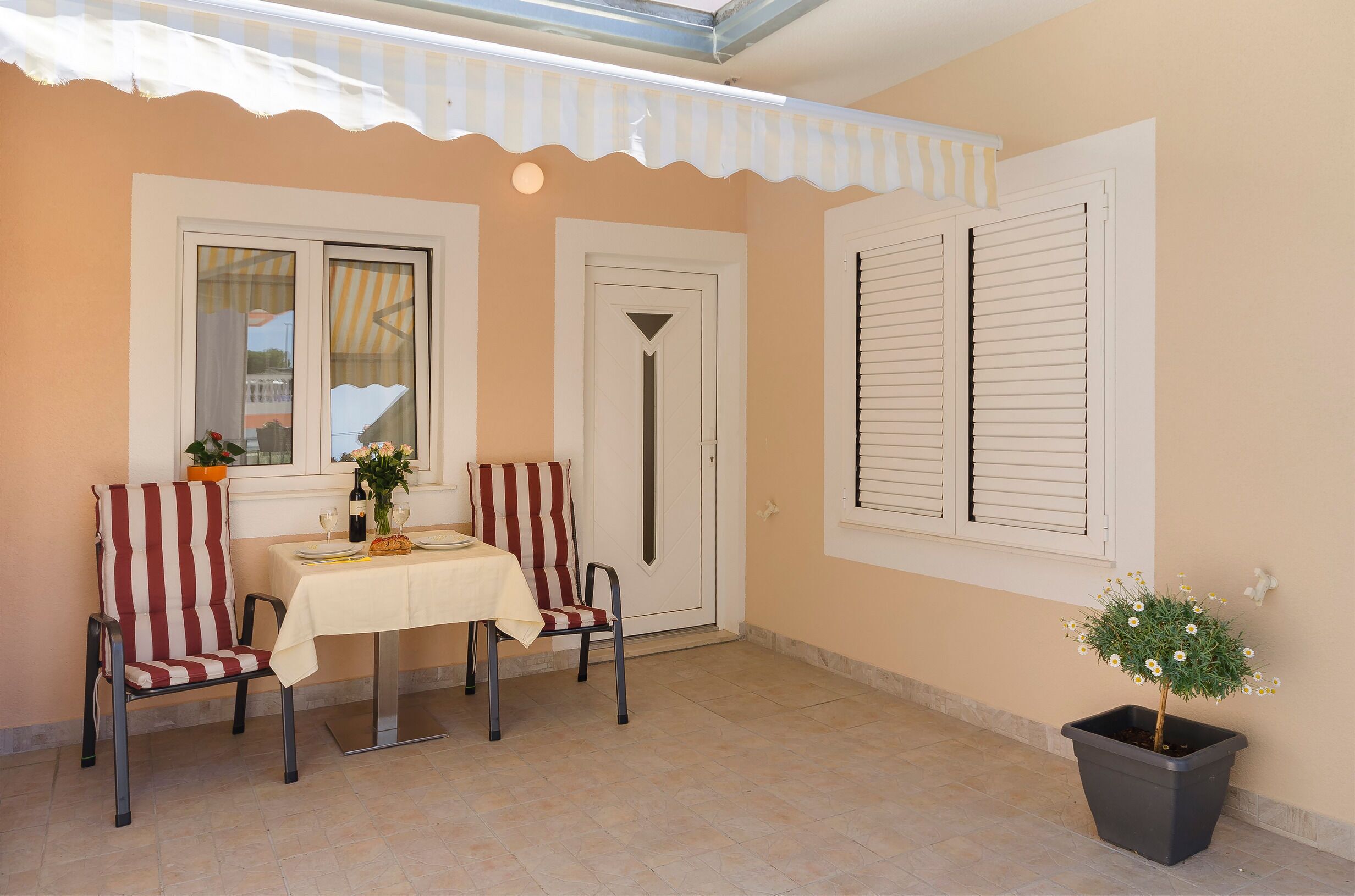 An outdoor patio with a table, two striped chairs, a potted plant, and a door with a window.