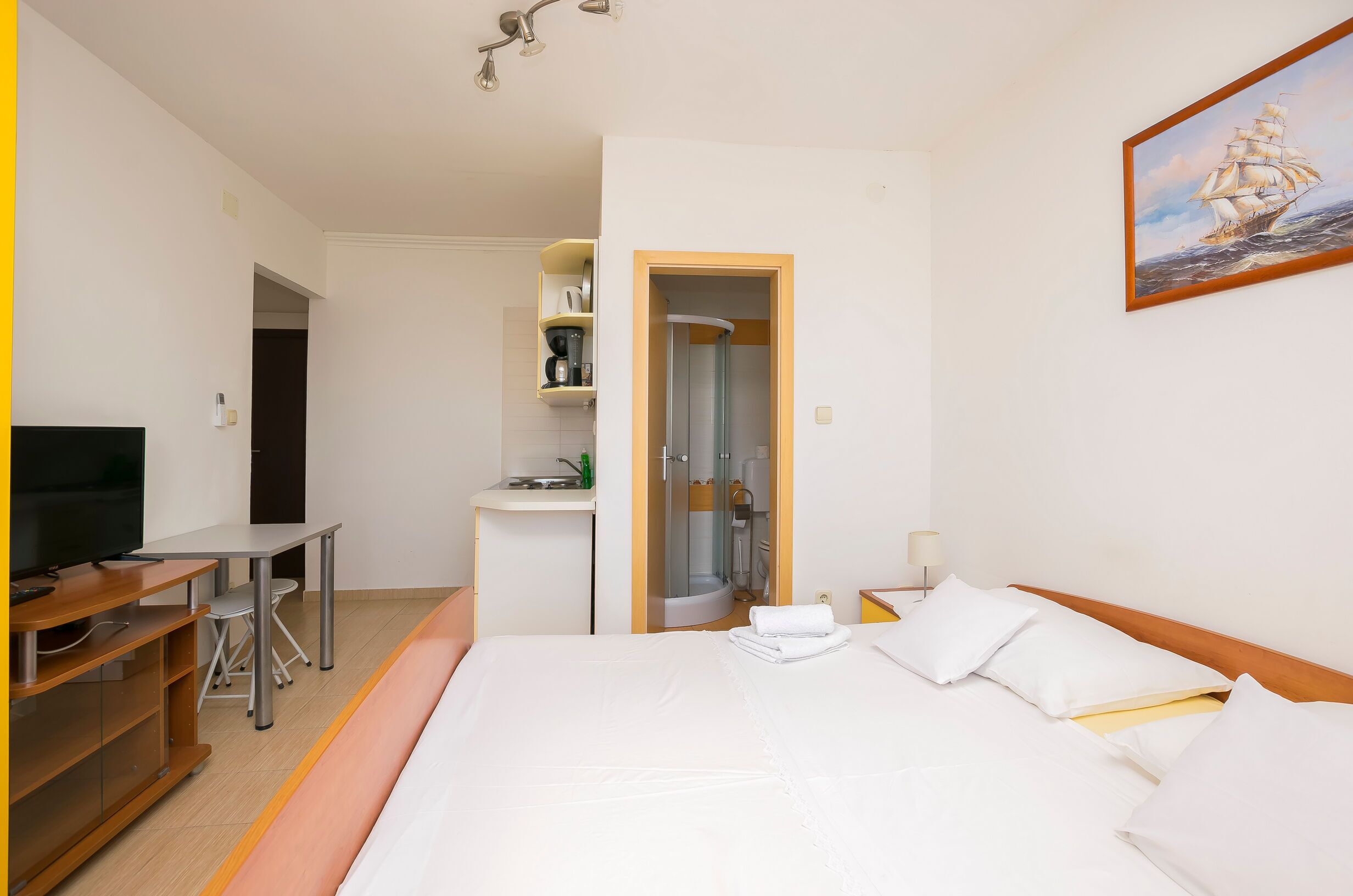 Une chambre d’hôtel avec un lit, un bureau, une télévision, une douche et un tableau au mur.