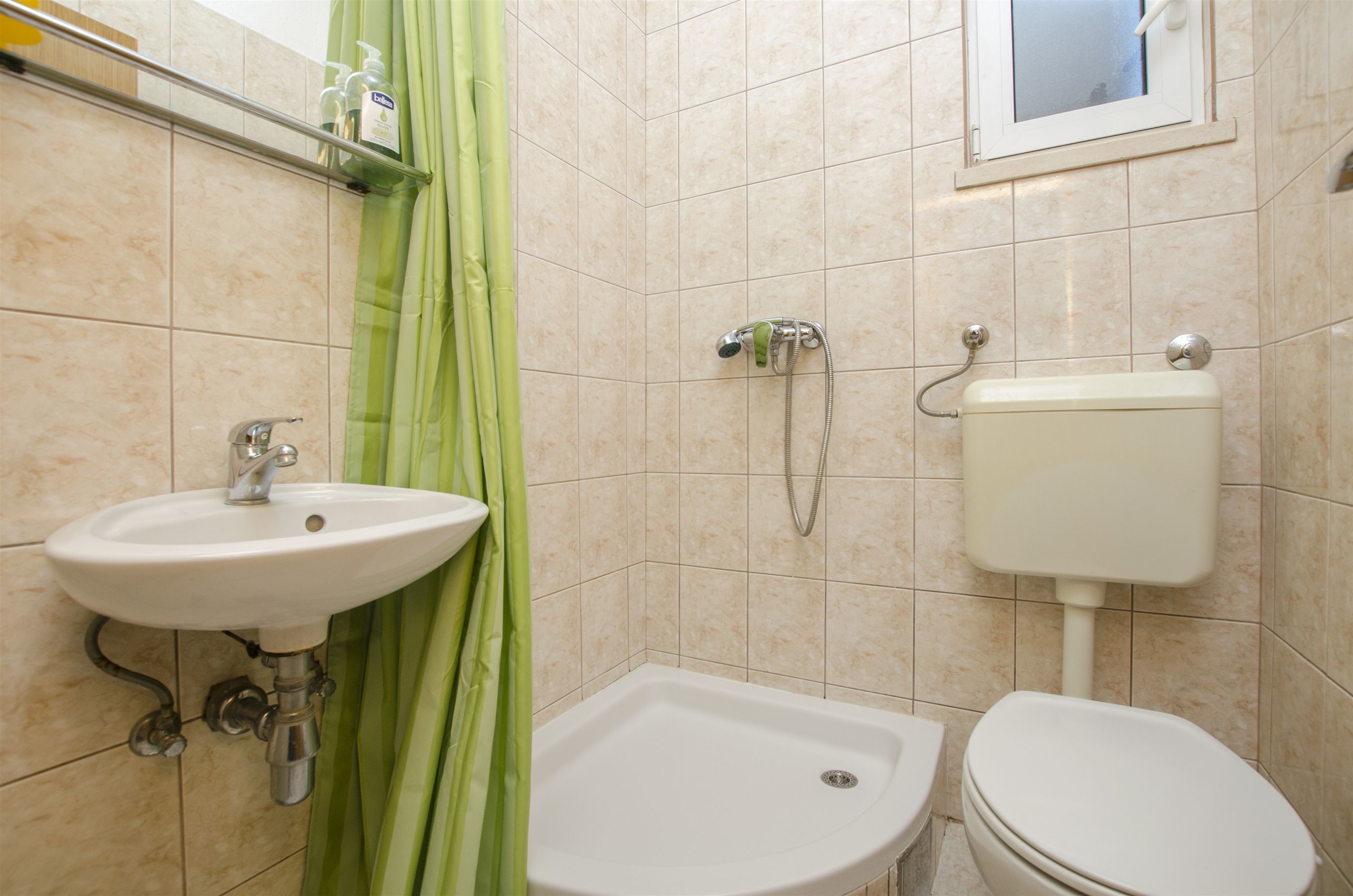 Une salle de bain avec un lavabo, des toilettes et une douche.