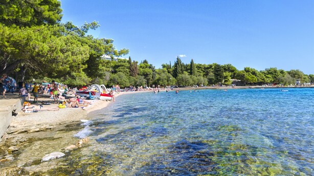 A beach with clear water, people sunbathing, and trees.