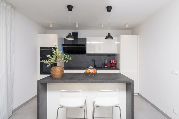 Apartment (A1) | Private kitchen | Fridge, microwave, oven, stovetop