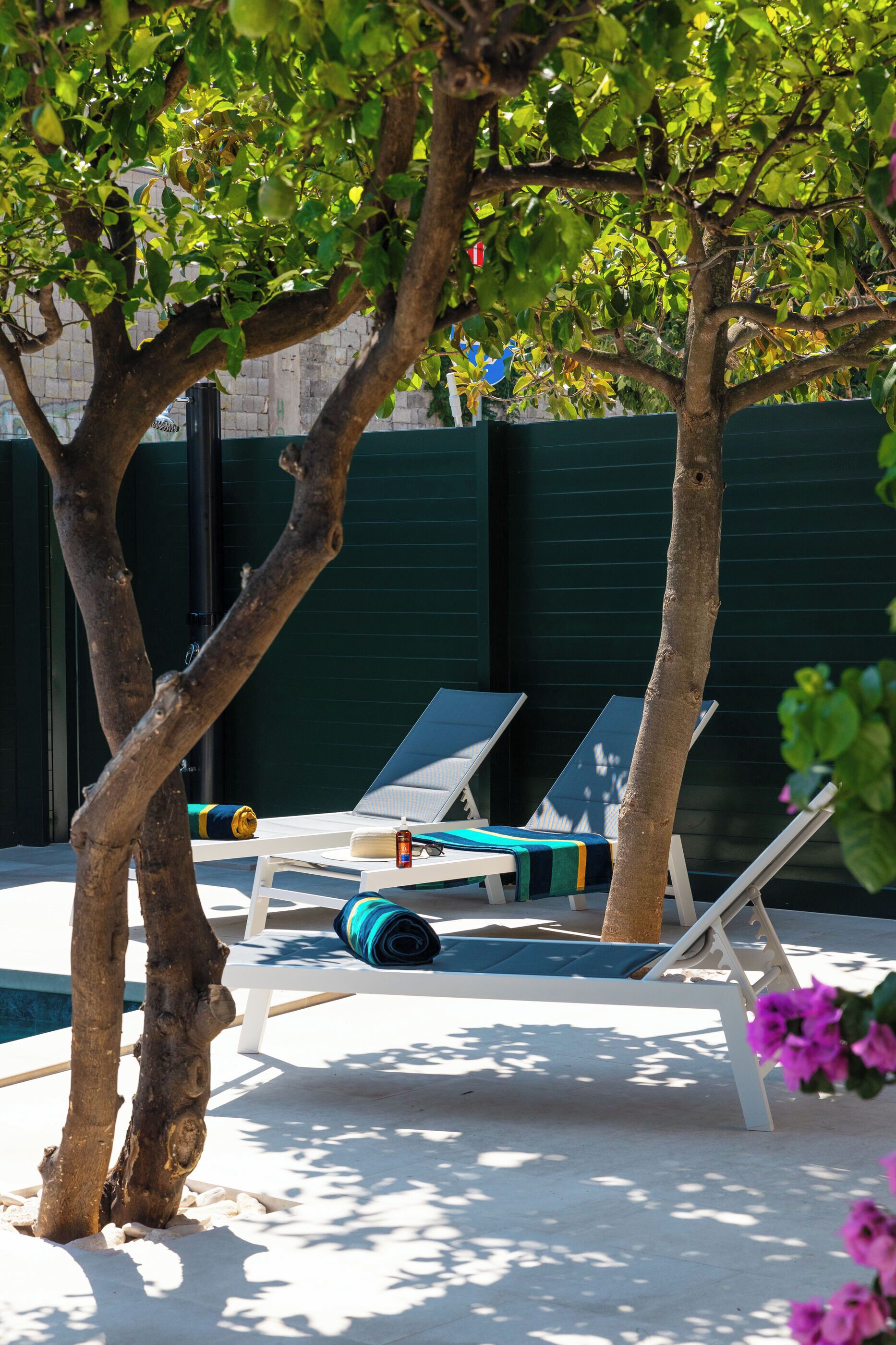A poolside area with lounge chairs and a tree.