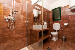 A bathroom with a glass-enclosed shower, a white toilet, and a sink with a mirror above it.