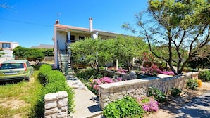 A house with a stone pathway leading to a staircase, surrounded by lush greenery and flowering plants. - Apartments Tome (Povljana)