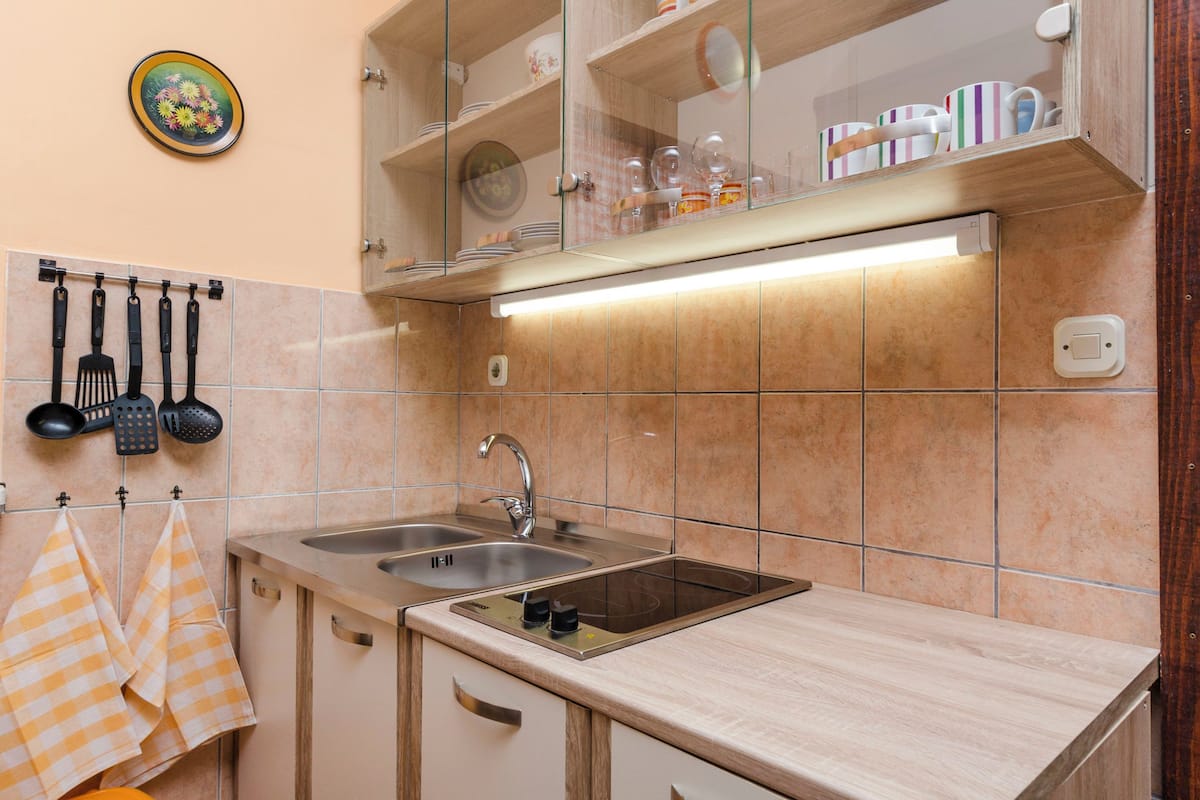 A kitchen with a double sink, stainless steel appliances, and a wooden countertop.