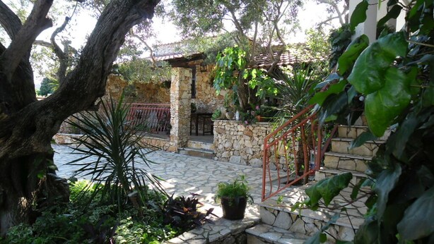 Una escalera de piedra conduce a un edificio de piedra con barandilla roja, rodeado de abundante vegetación y un árbol.