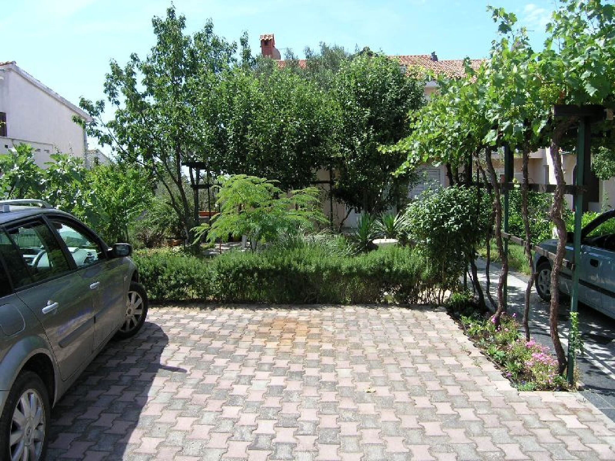 Une allée pavée bordée de voitures garées, entourée d’une végétation luxuriante et, au fond, un bâtiment dont le toit est recouvert de tuiles.