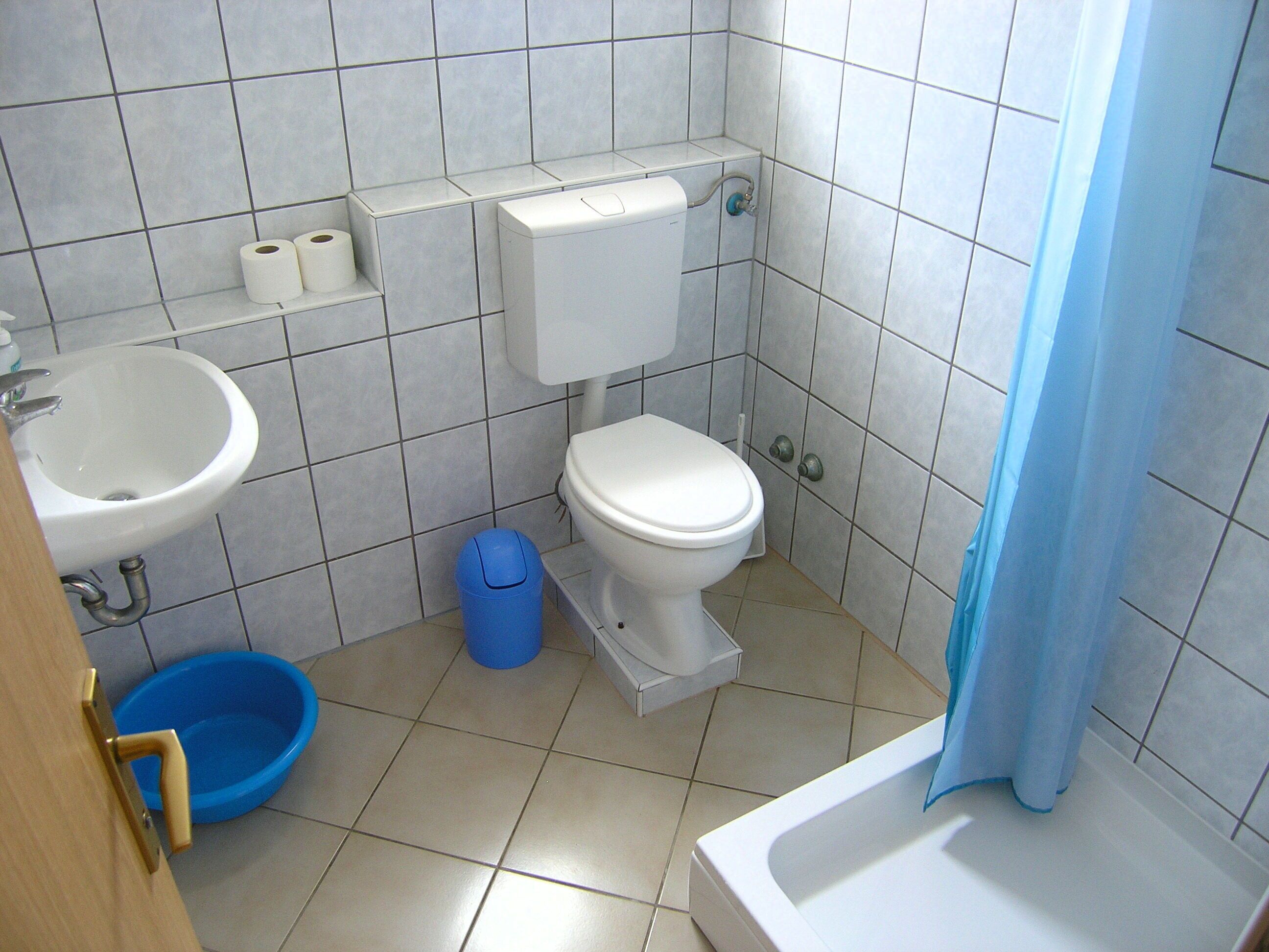 Un baño pequeño y limpio con inodoro, lavabo y ducha.
