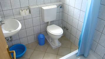 Un baño pequeño y limpio con inodoro, lavabo y ducha.