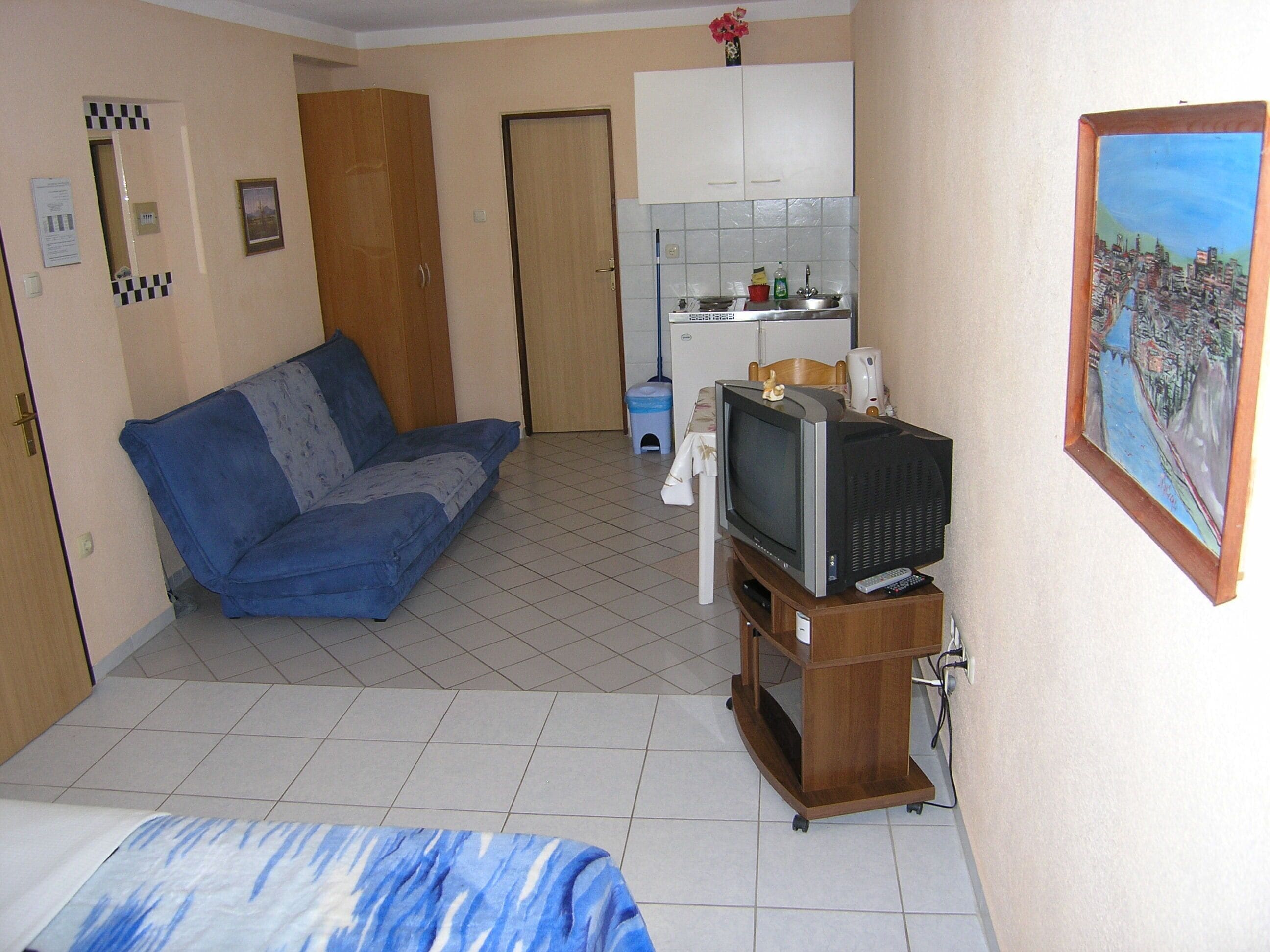 A compact living space with a sofa, a television on a wooden stand, a kitchen area, and a painting on the wall.