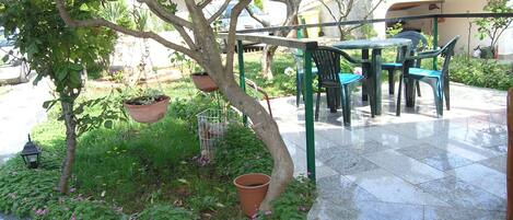 An outdoor seating area with a table and chairs, surrounded by potted plants and a tree.