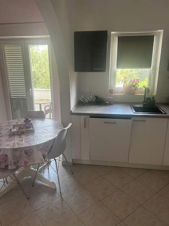 Apartamento (A1) | Cocina privada | Frigorífico, microondas, horno y placa de cocina. Apartments Bruno