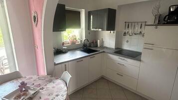 Apartment (A1) | Private kitchen | Fridge, microwave, oven, stovetop