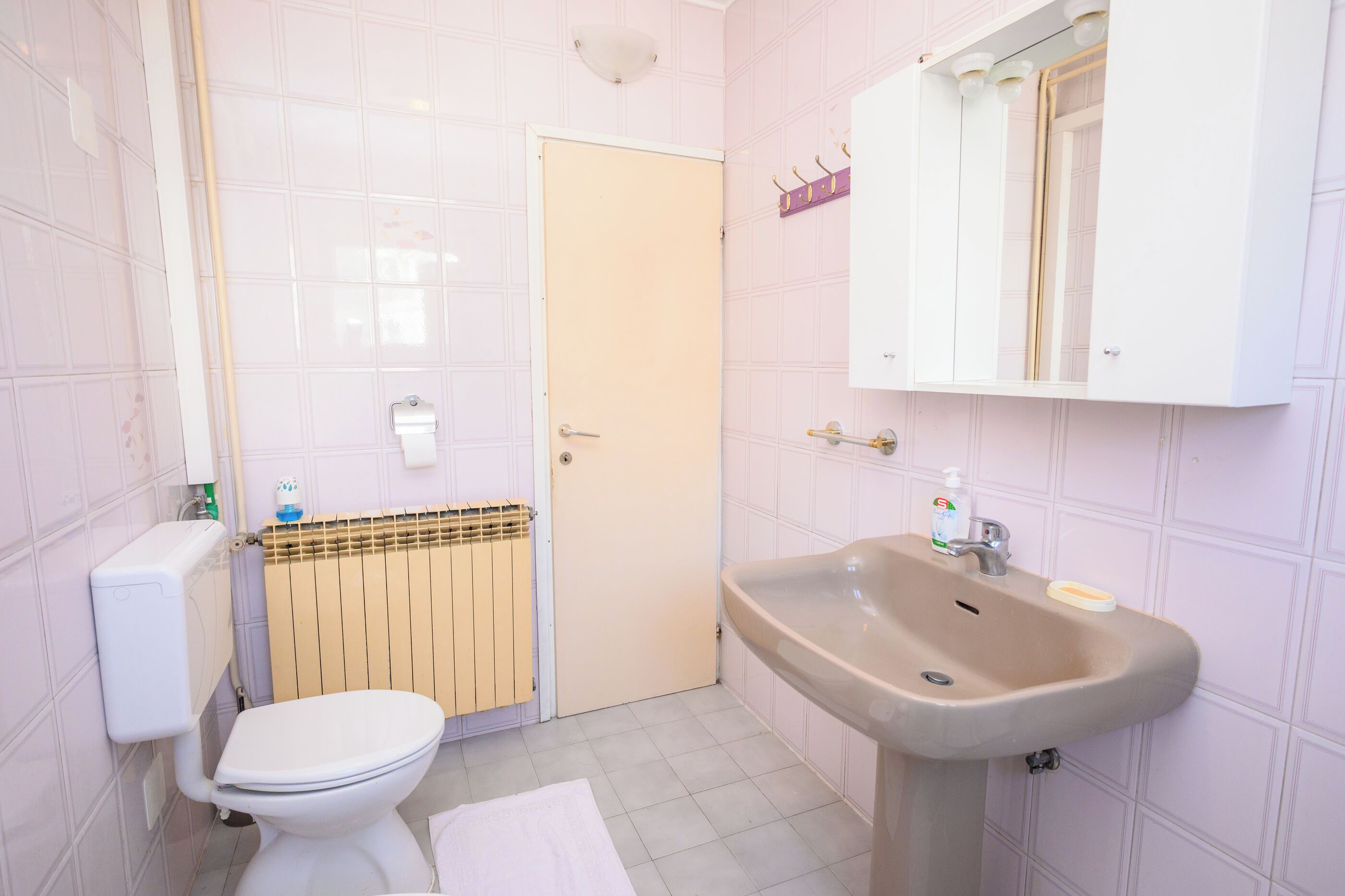 Baño con inodoro, radiador, lavabo y espejo.