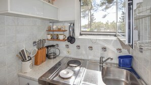 A kitchen with a stainless steel stove, a sink, and a window with a view of trees. - Apartment Ivan (Veli Rat)