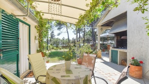 An outdoor patio with a round table and chairs, surrounded by potted plants and a barbecue area. - Apartment Ivan (Veli Rat)