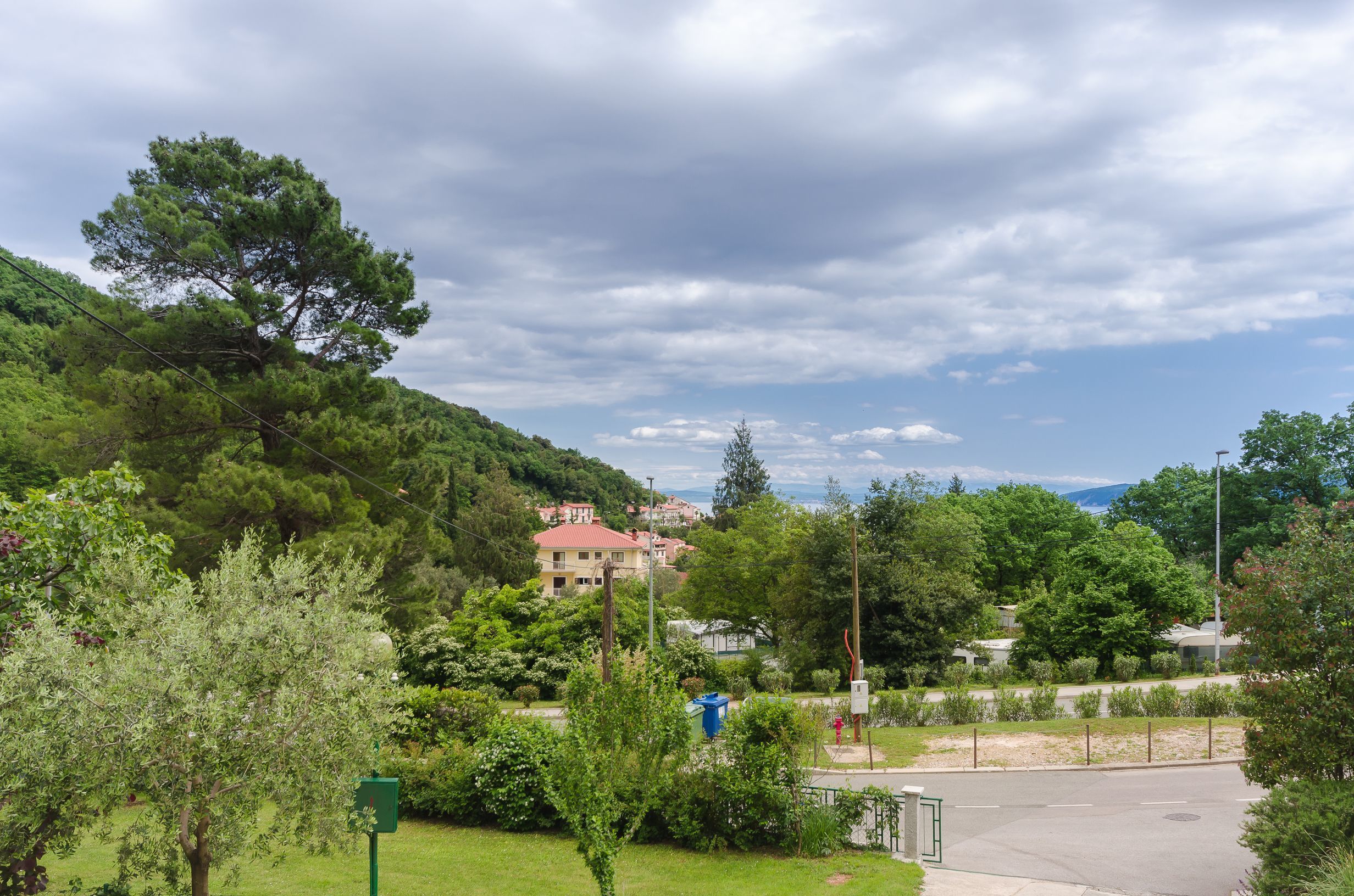 A residential area with houses, a green park, and a road.