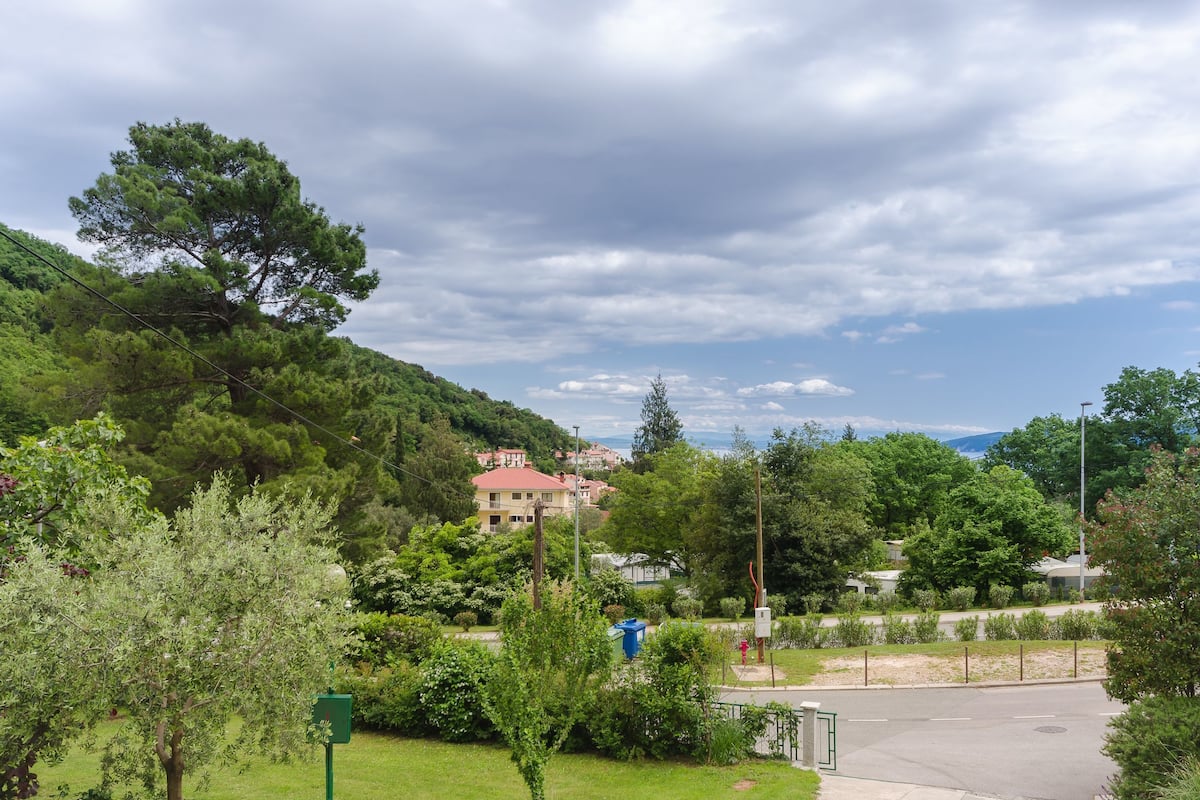 Ein Wohngebiet mit Häusern, einem Grünpark und einer Straße.
