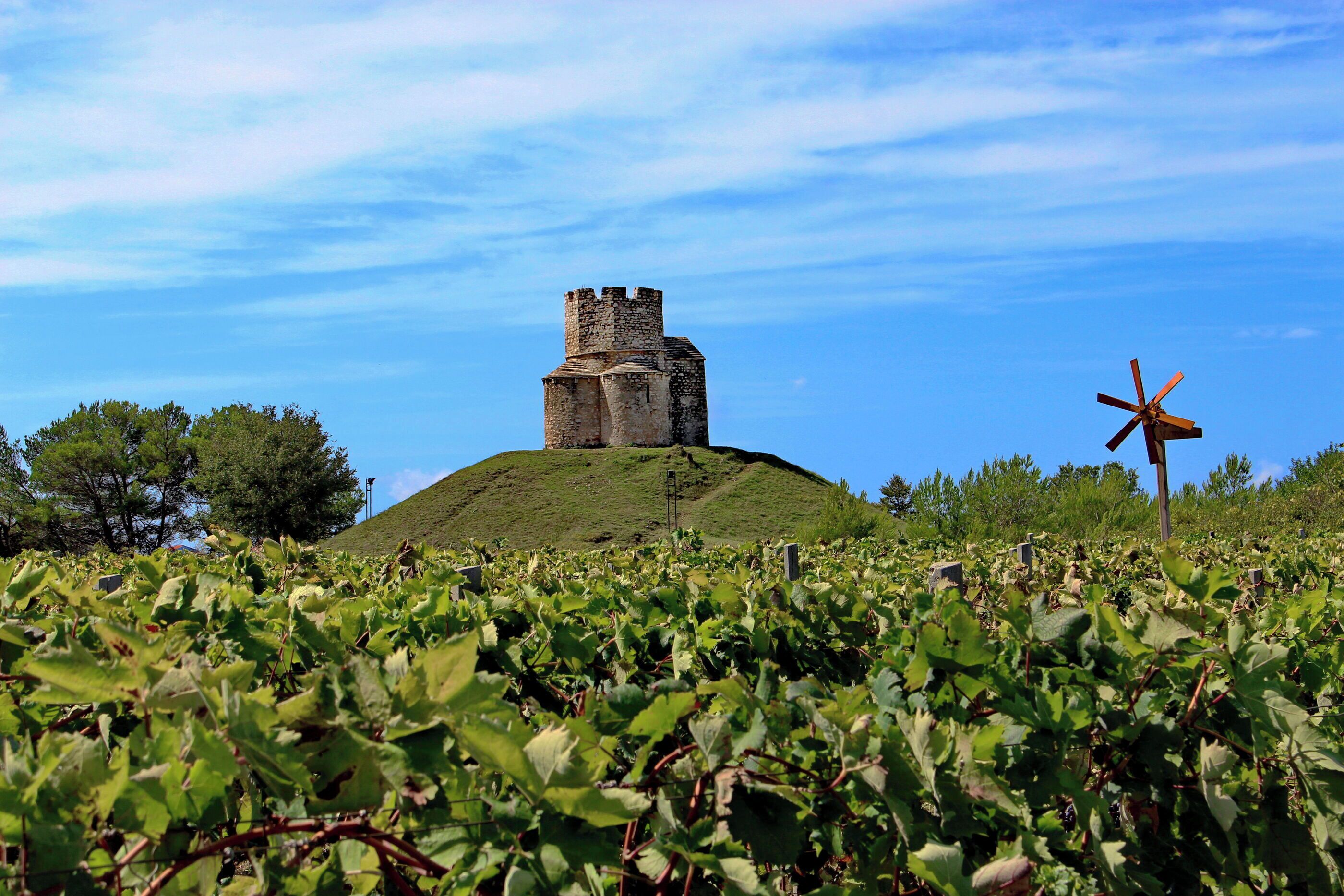 A castle on a hill with a windmill in the foreground.