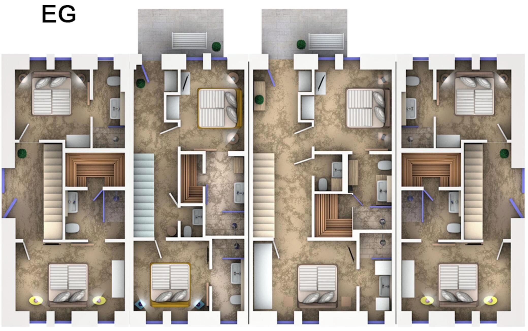 Een plattegrond van een hotel met meerdere slaapkamers, badkamers en een centrale woonruimte.