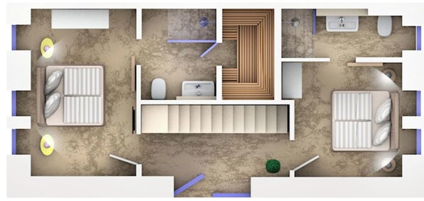 A hotel room layout with a bed, a desk, a chair, a small table, and a window. - AS1A - Old barn (AS) at c a l l s e n - appartements (Ummanz)