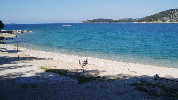 A beach with clear blue water, a sandy shore, and a small tree in the foreground. - Apartments Ema (Razanj)