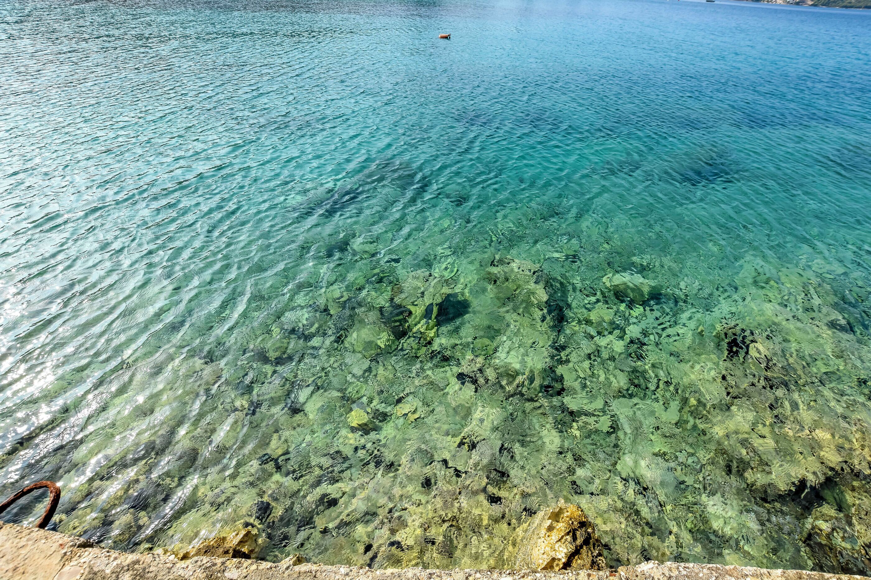 A clear view of a lake with visible underwater rocks and a boat in the distance.