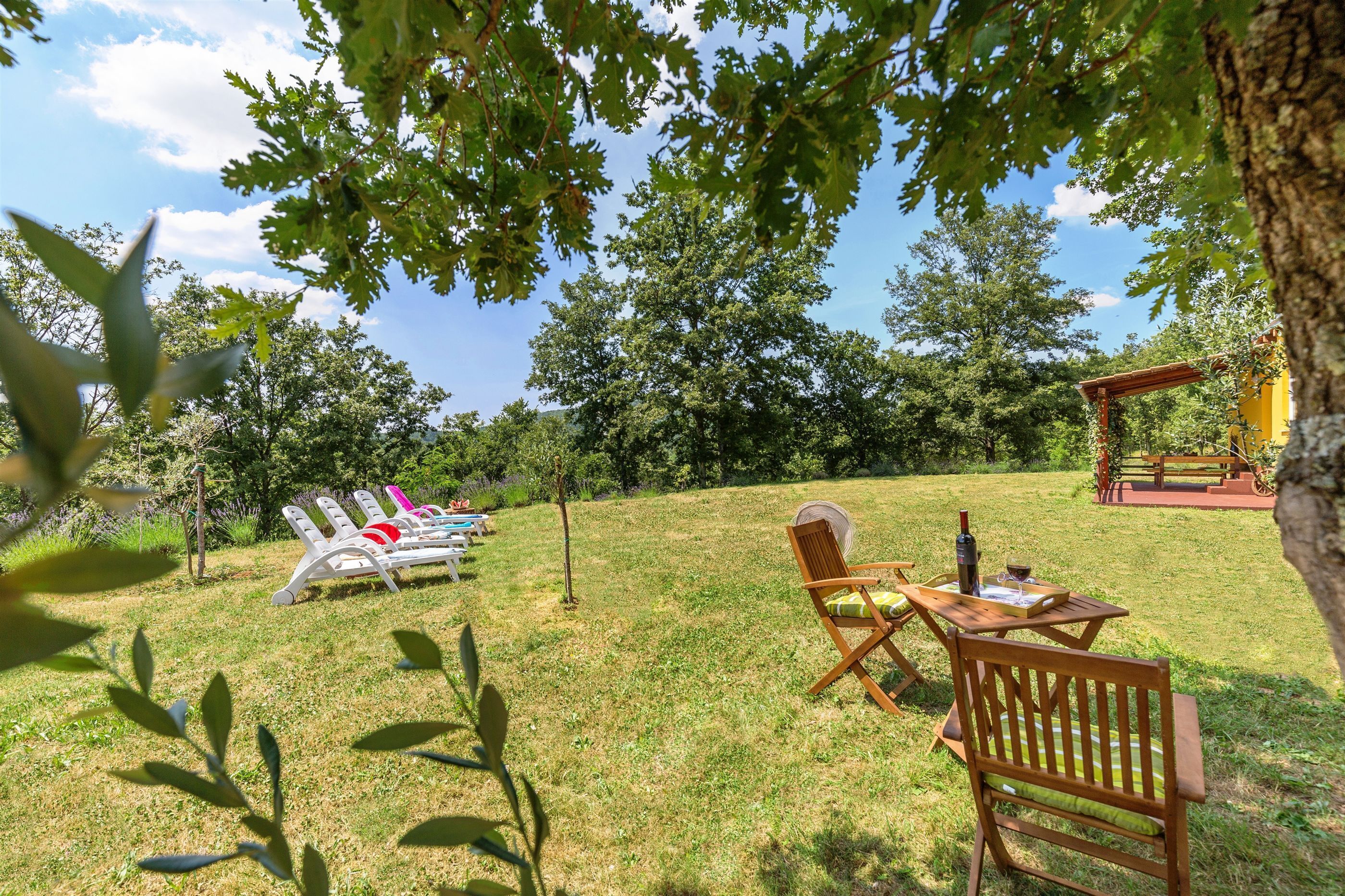 A grassy outdoor area with a wooden table and chairs, a small gazebo, and lounge chairs.