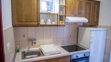 Apartment (A4) | Eigene Küche | Kühlschrank, Herdplatte, Wasserkocher mit Kaffee-/Teezubehör