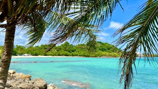 A tropical beach with clear turquoise water, rocky shoreline, and lush greenery in the background. -  Viva Villa Village down the Fort  (Gosier)